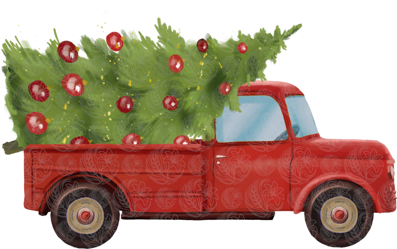 Christmas red truck carrying a decorated Christmas tree with red ornaments, Grey Barn Handwerk, Saskatchewan.